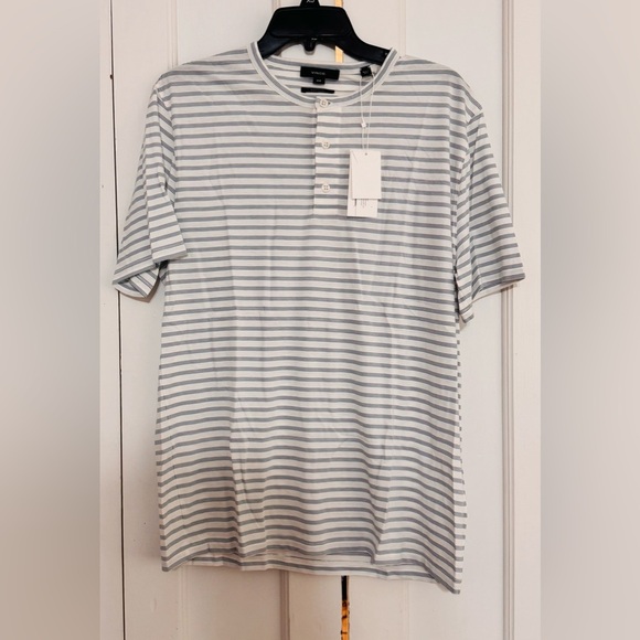 Vince NEP Stripe Henley Tee in Chalk Blue/Off White - Picture 5 of 7